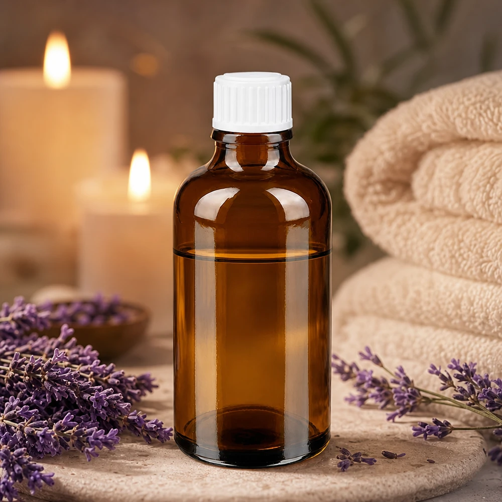 Botella de farmacia marrón 50ml tapón de rosca blanco estándar Frasco de farmacia de color ámbar de 50 ml con tapón cuentagotas blanco, con flores de lavanda y velas al fondo