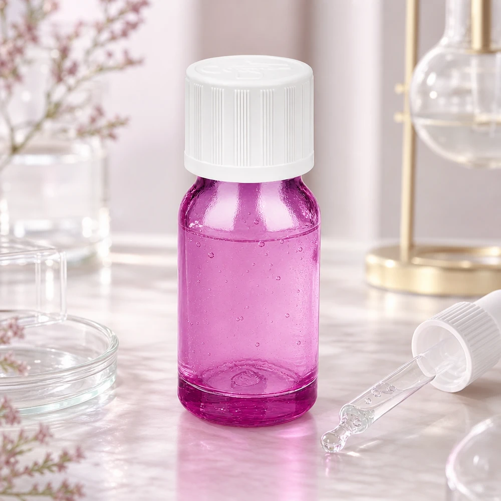 Pequeño frasco cuentagotas de 10 ml de color morado brillante con tapón dosificador de precisión