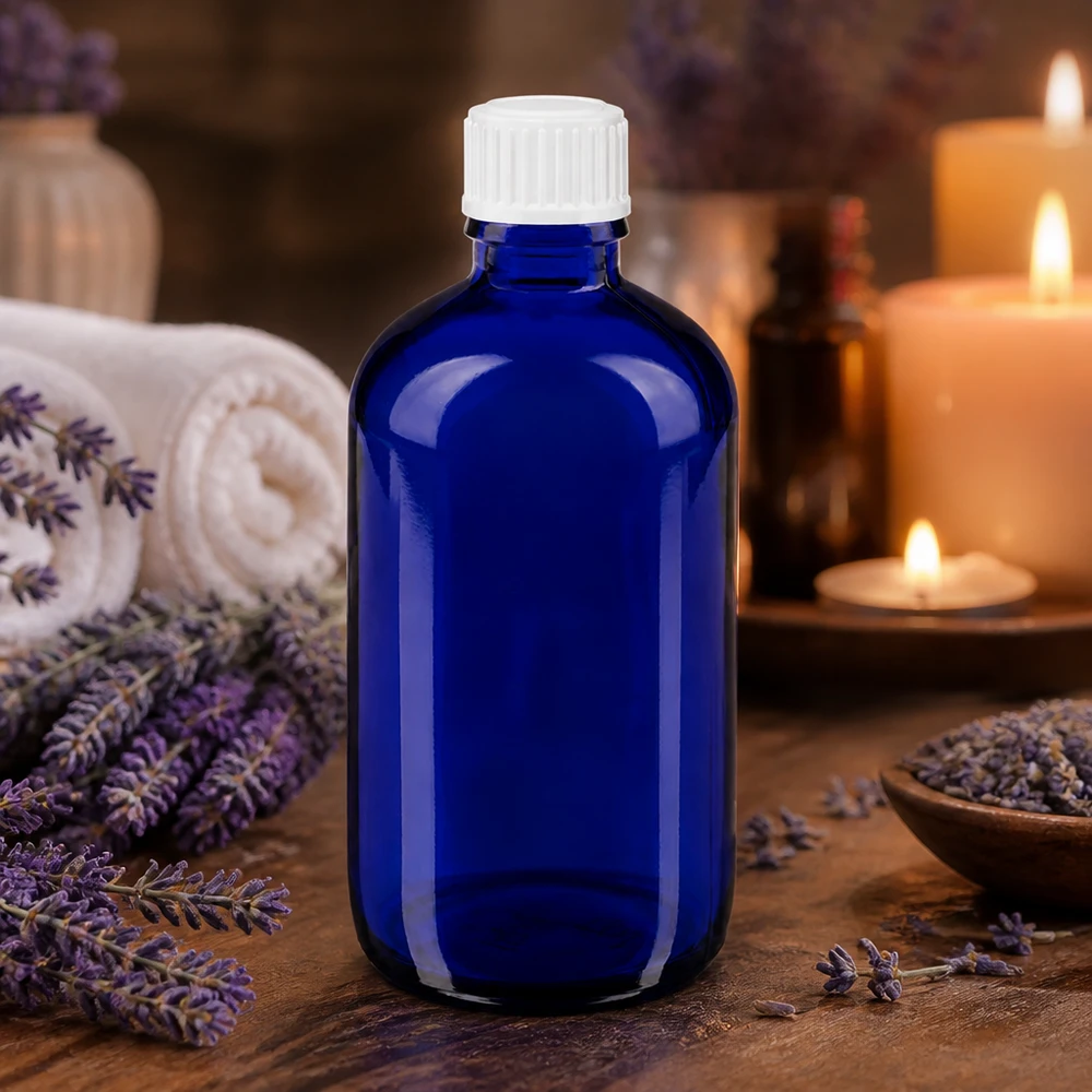 Botella de farmacia azul 100ml tapón rosca blanco estándar Frasco de cristal azul de 100 ml con tapón de seguridad para niños de color blanco, para aceites esenciales