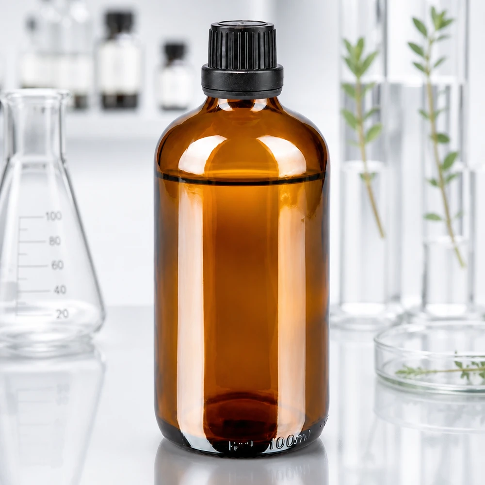 Frasco de vidrio ámbar de 100 ml con tapón de rosca negro en el laboratorio, entre un matraz de Erlenmeyer y unos tubos de ensayo