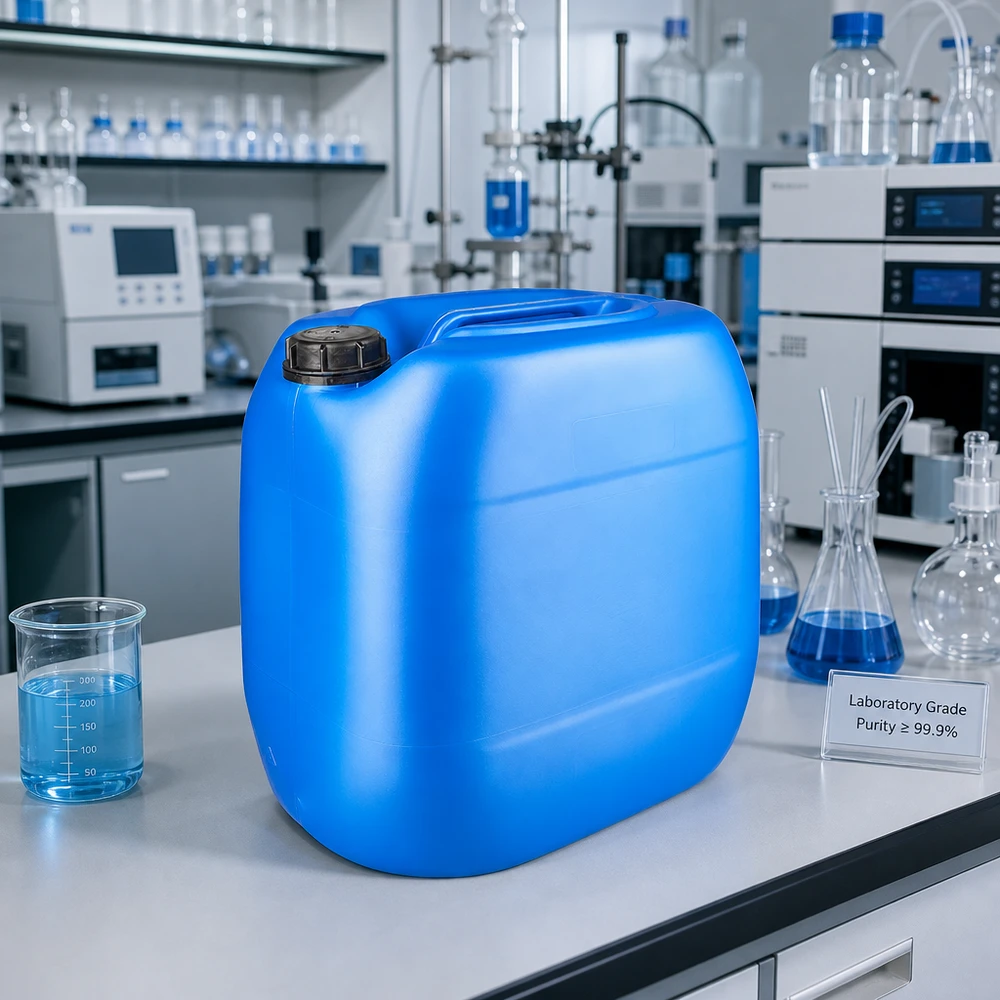 Bidón de laboratorio azul de 30 litros con tapón OV negro sobre una mesa de laboratorio blanca, junto a un vaso de precipitados