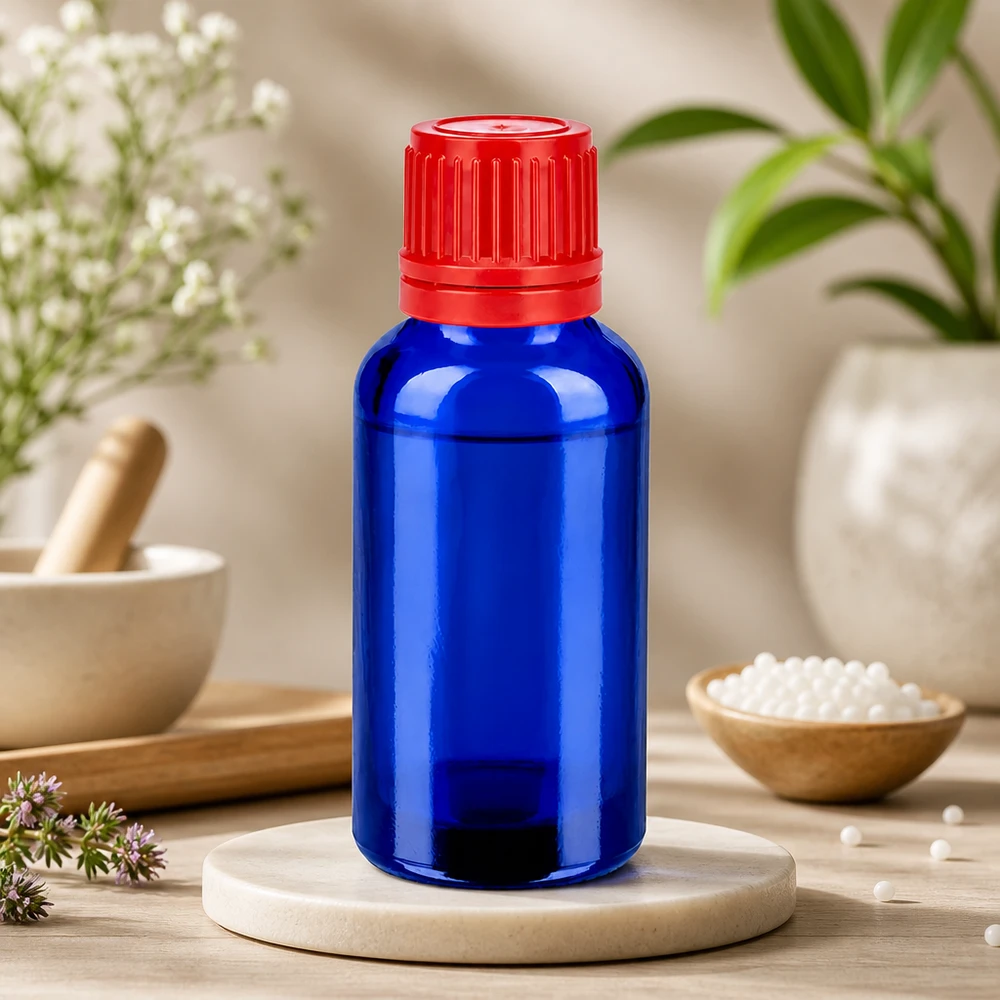 Frasco boticario de 30 ml de vidrio azul de alta calidad con tapón rojo a prueba de niños