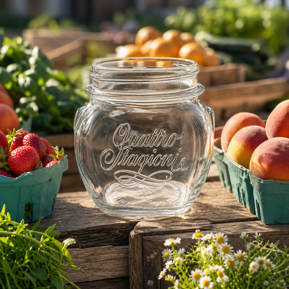 Vaso redondo de 300ml "Quattro Stagioni" QS70mm Vaso doméstico Quattro Stagioni de 300 ml vacío sobre mesa de madera con fresas y melocotones frescos en cocina rústica