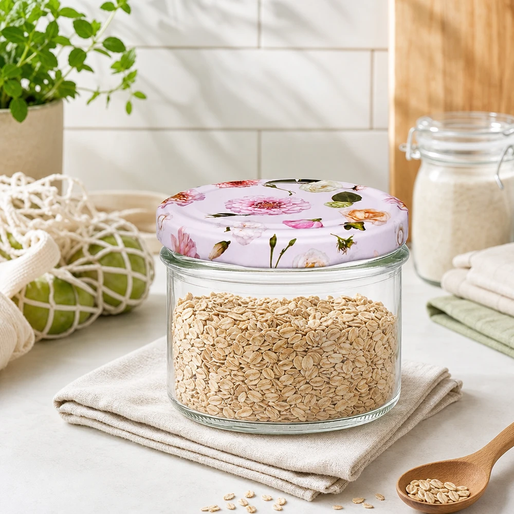 Vasos de 225ml + tapa BasicSeal flor rosa UNiTWIST Haferflocken in 225ml Sturzglas mit rosa Blumendeckel - praktische Küchendeko für Müsli und Getreide Aufbewahrung