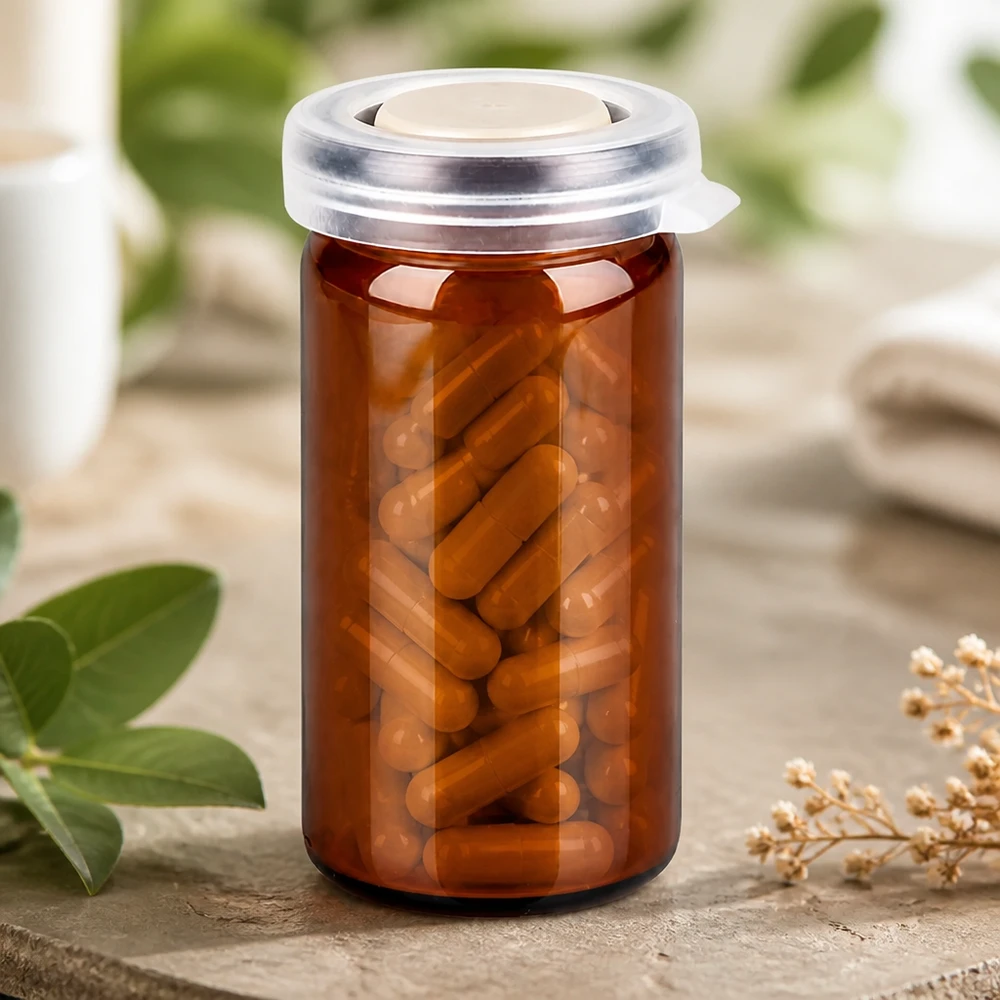 Tarro con borde de tableta/rollo 10ml marrón con tapa a presión Frasco farmacéutico de vidrio marrón de 10 ml con tapa a presión, lleno de cápsulas para complementos alimenticios