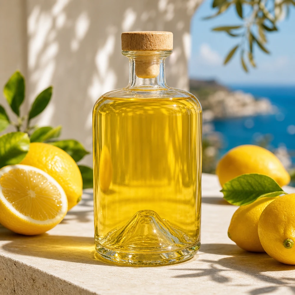 Botella de farmacia de 500 ml «Sofia» con tapón de corcho con asa de madera UNiTWIST® 500ml Glasflasche Sofia mit Holzkorken gefüllt mit gelbem Öl zwischen Zitronen in mediterraner Küche