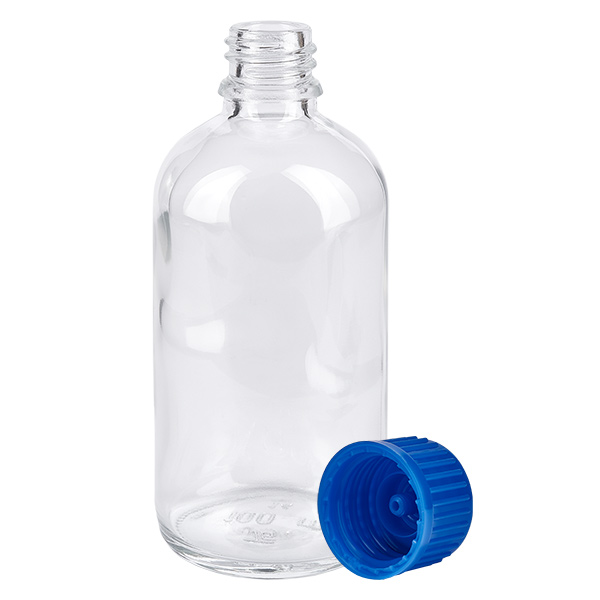 Botella 100ml 11mm tapón rosca azul estándar ClearLine UT18/100 ClearLine UT18: frasco de cristal transparente de 100 ml con tapón de seguridad para niños azul de 11 mm SV