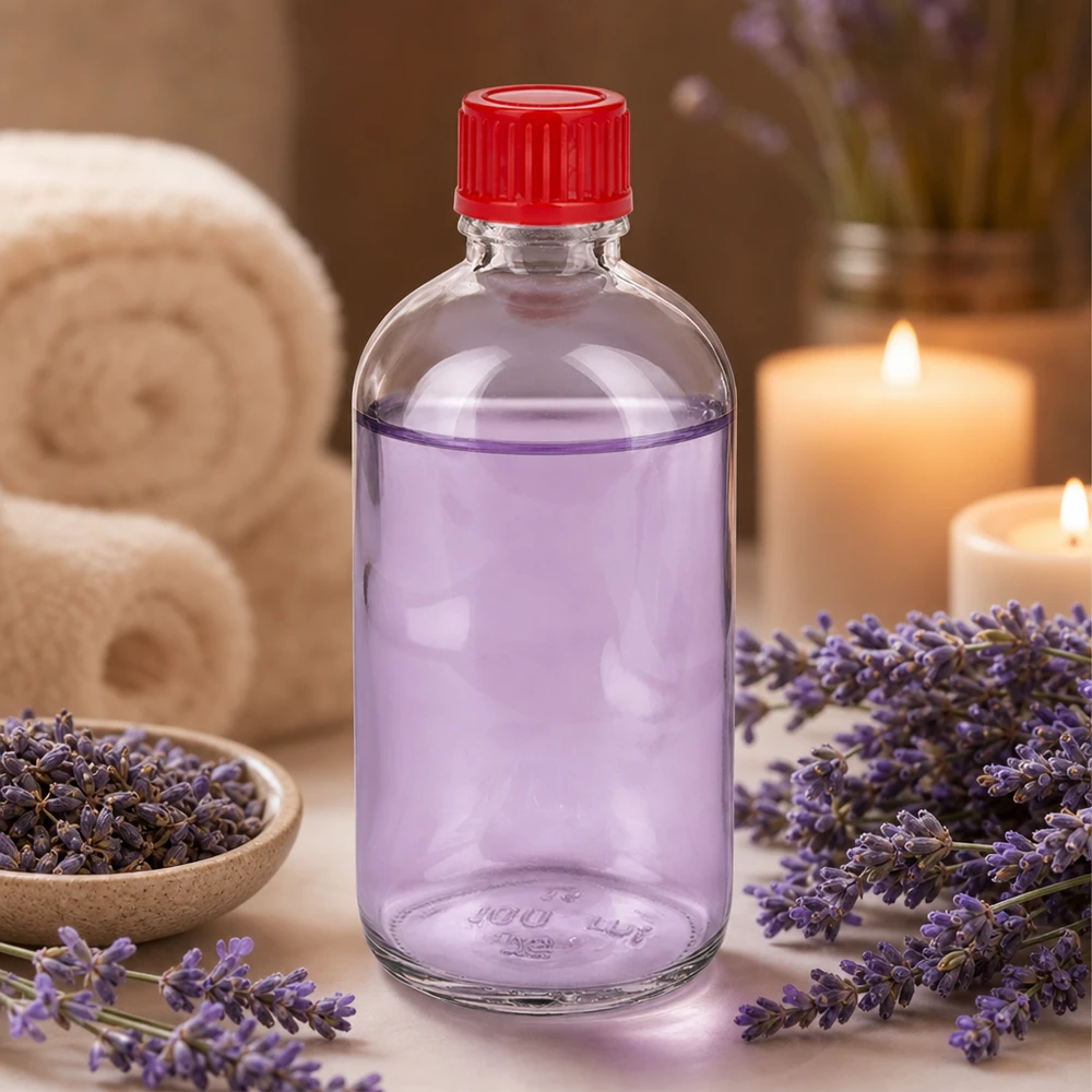 Botella 100ml 11mm tapón rosca rojo estándar ClearLine UT18/100 100ml Glasflasche UT18/100 roter Kunststoffverschluss 11mm SV gefüllt mit lila ätherischem Öl Lavendel
