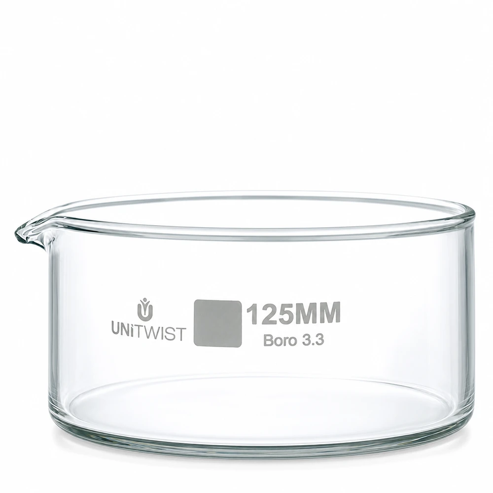 Recipiente de cristalización de 125 mm de vidrio borosilicato UNiTWIST, con pico vertedor, transparente y de forma cilíndrica