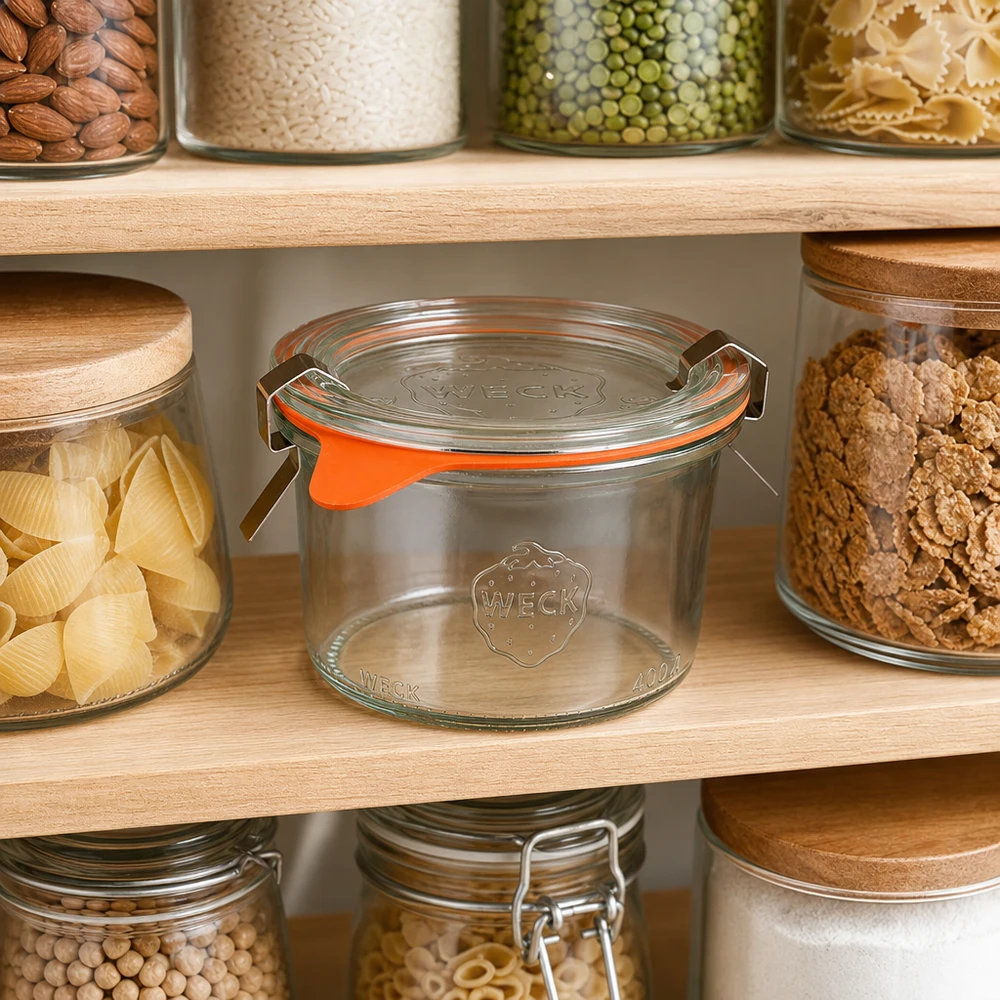 Vasos RR80 WECK de 200 ml para guardar alimentos en cocinas organizadas con frutos secos y pasta