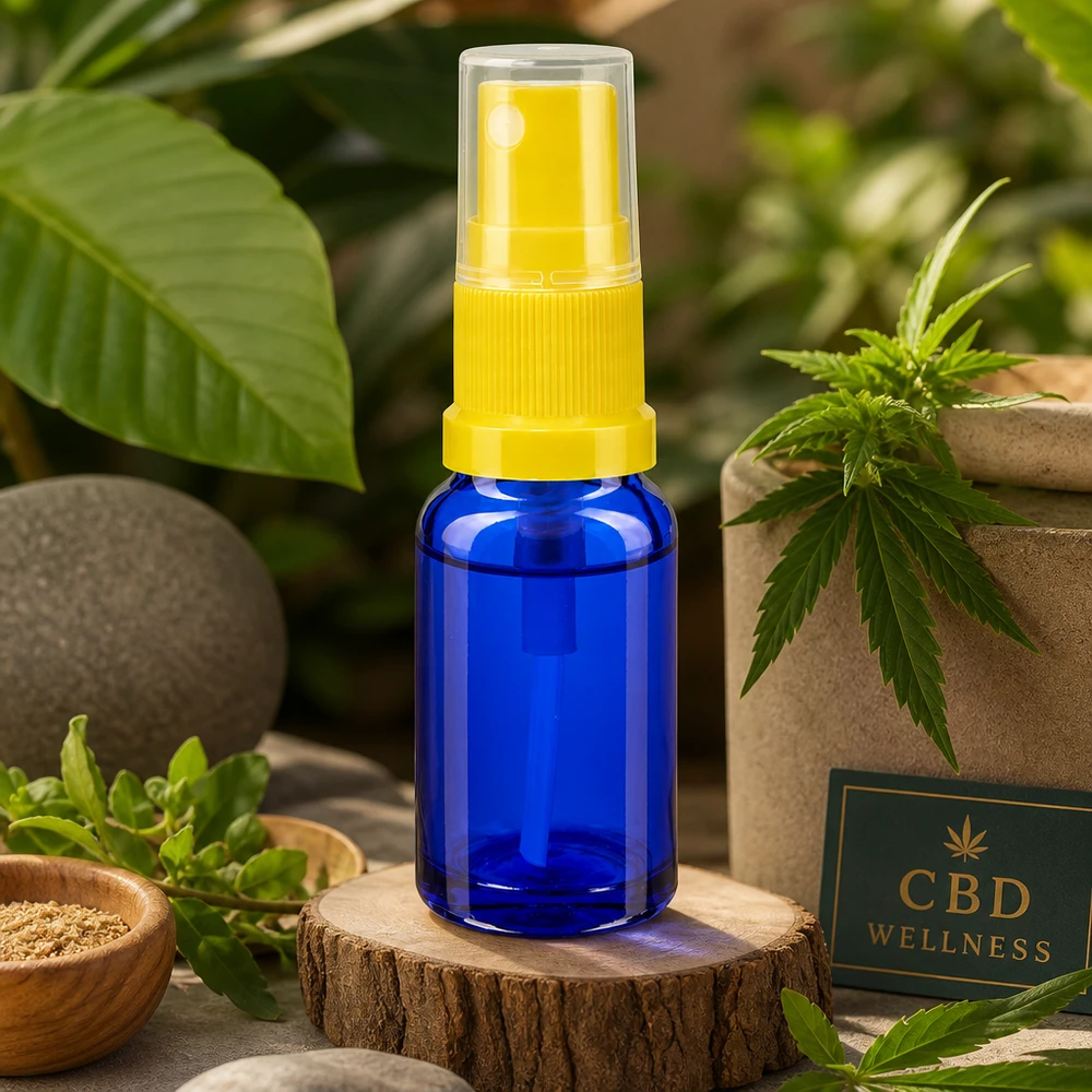 Botella de farmacia azul 30ml tapón pulverizador amarillo Pulverizador ApoGlas azul de 30 ml con cabezal de pulverización amarillo, entre plantas de cannabis y piedras naturales
