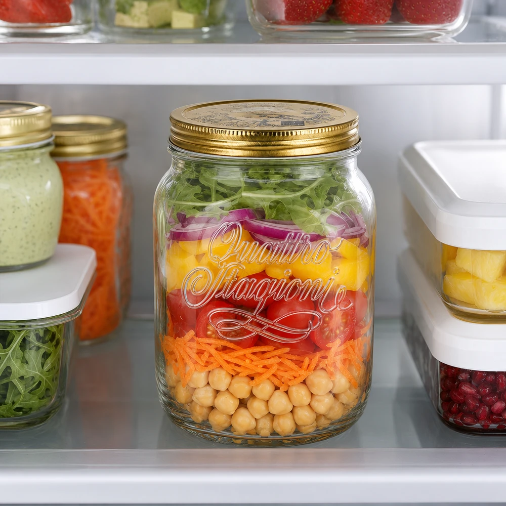 Tarro redondo "Quattro Stagioni" 2000ml con tapa Tarro de 2 litros Quattro Stagioni con ensalada en capas en el frigorífico - tarro perfecto para almacenar ensaladas frescas para la preparación de comidas