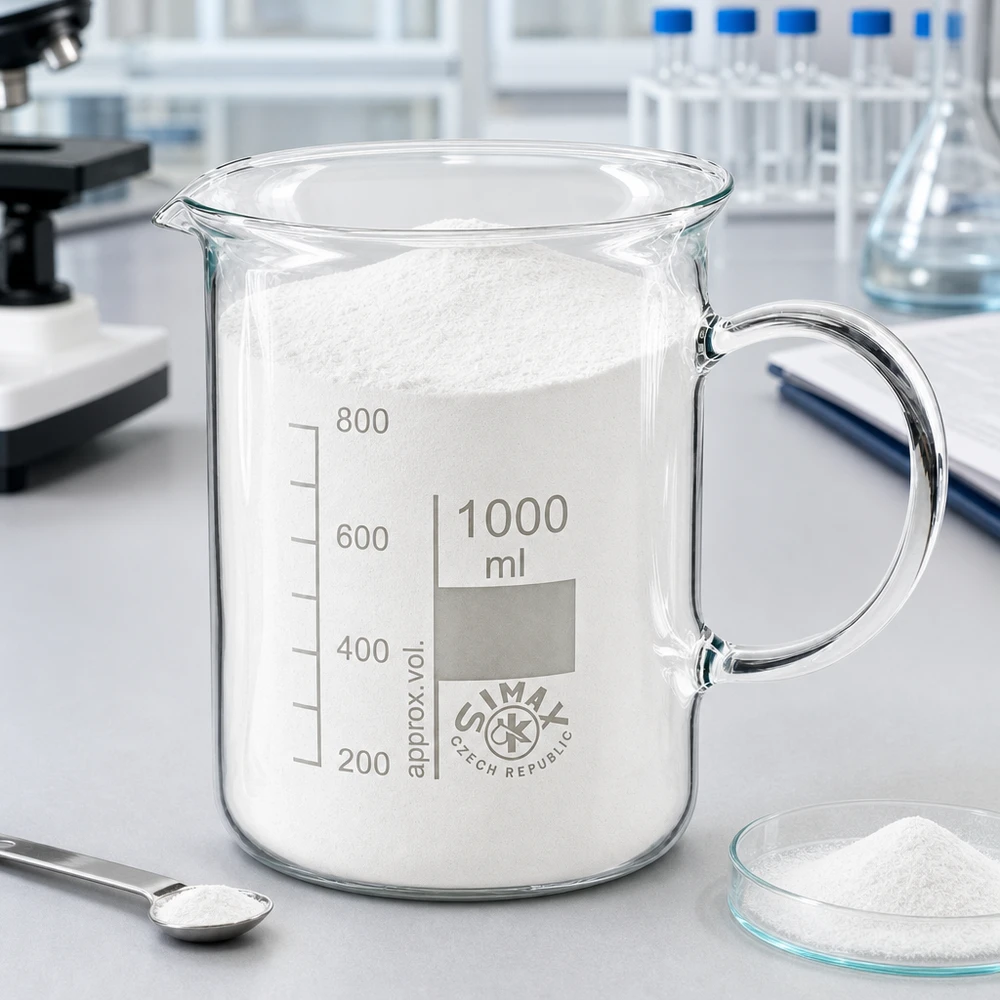 Vaso de precipitados de 1000 ml lleno de polvo blanco junto a una placa de Petri y una cuchara en el laboratorio