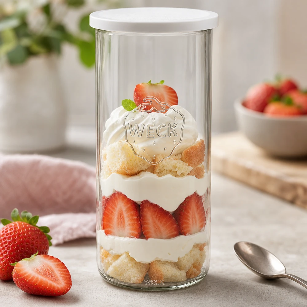 Vasos de 1500ml con tapa de frescura WECK RR100 WECK 1500ml RR100 tarro lleno de postre de fresa muestra el uso versátil como un plato de postre con cuchara