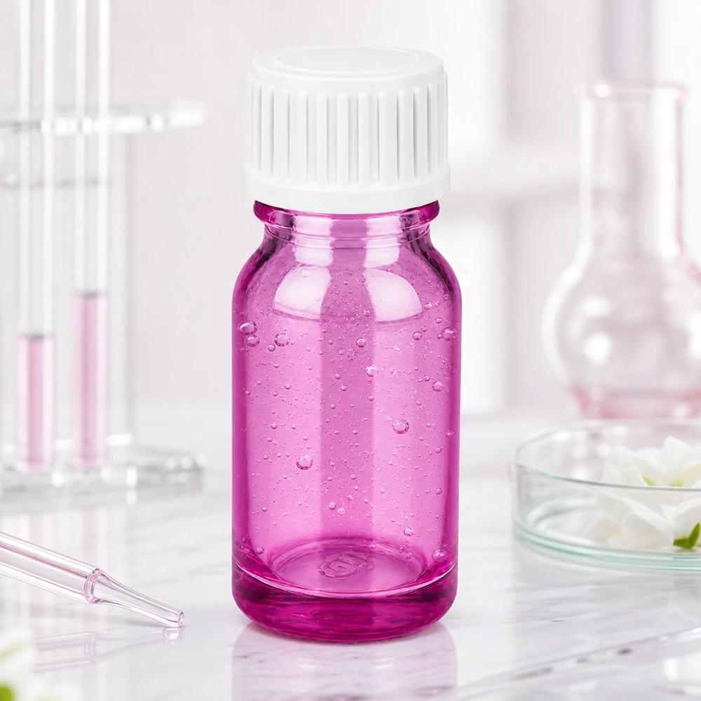 Frasco de vidrio morado de 10 ml con rosca de 18 mm ideal para aplicaciones farmacéuticas y de laboratorio