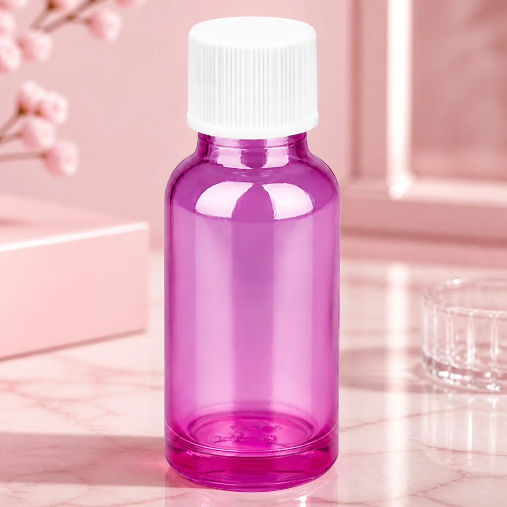 Botella de 20ml 11mm tapón de rosca blanco estándar PurpleLine UT18/20 Elegante frasco de 20 ml de color morado brillante con tapón blanco para productos de belleza