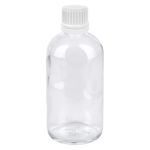 Frasco cuentagotas de 100 ml con cierre inviolable de 0,7 mm blanco ClearLine UT18/100 Frasco de vidrio transparente de 100 ml con tapón de seguridad blanco para gotas y productos farmacéuticos