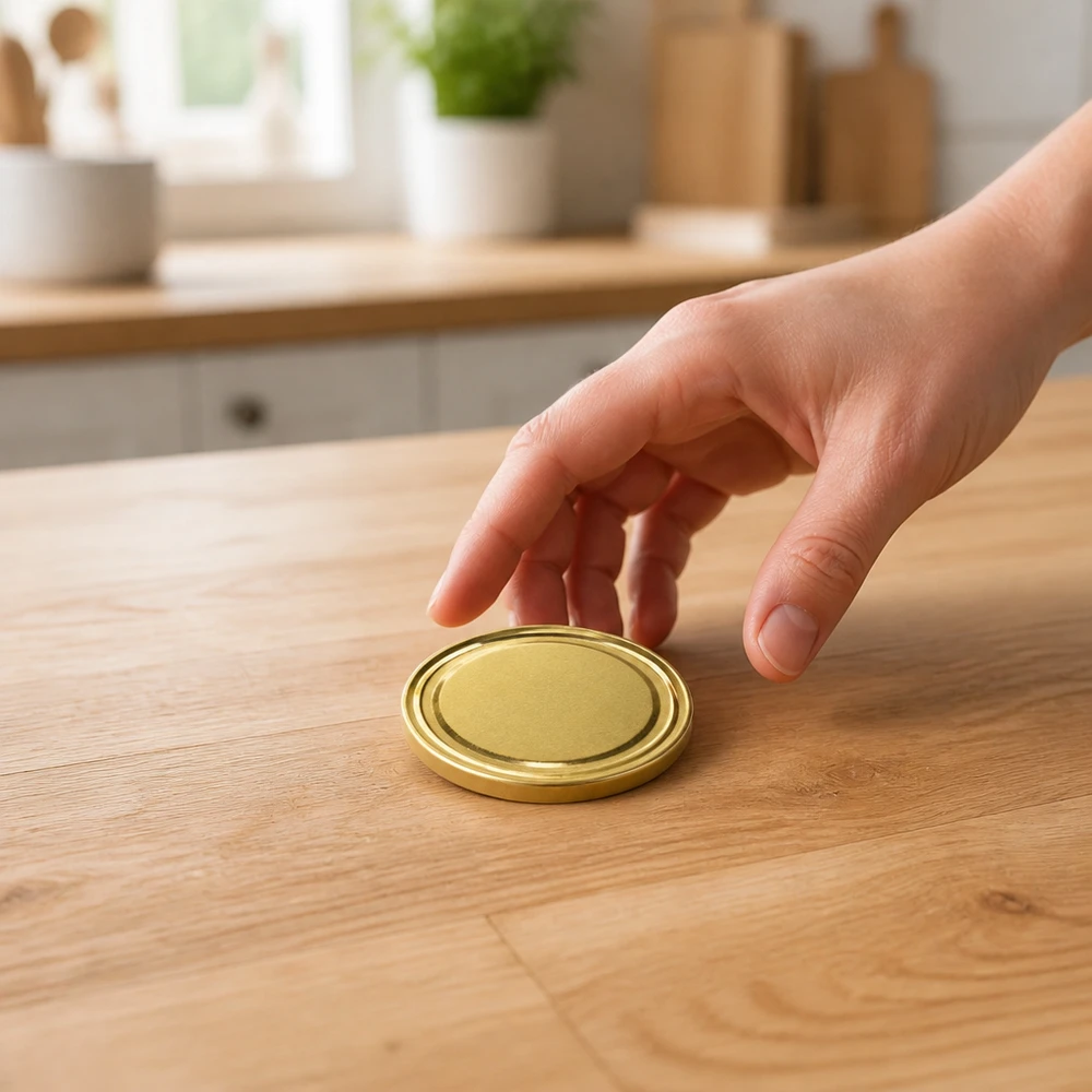 UNiTWIST TO43 dorado, BioSeal, sin BPA, unitemp Una mano coge una tapa dorada TO43 de tipo «twist-off» sobre una mesa de madera UNiTWIST BioSeal BPA-NI unitemp