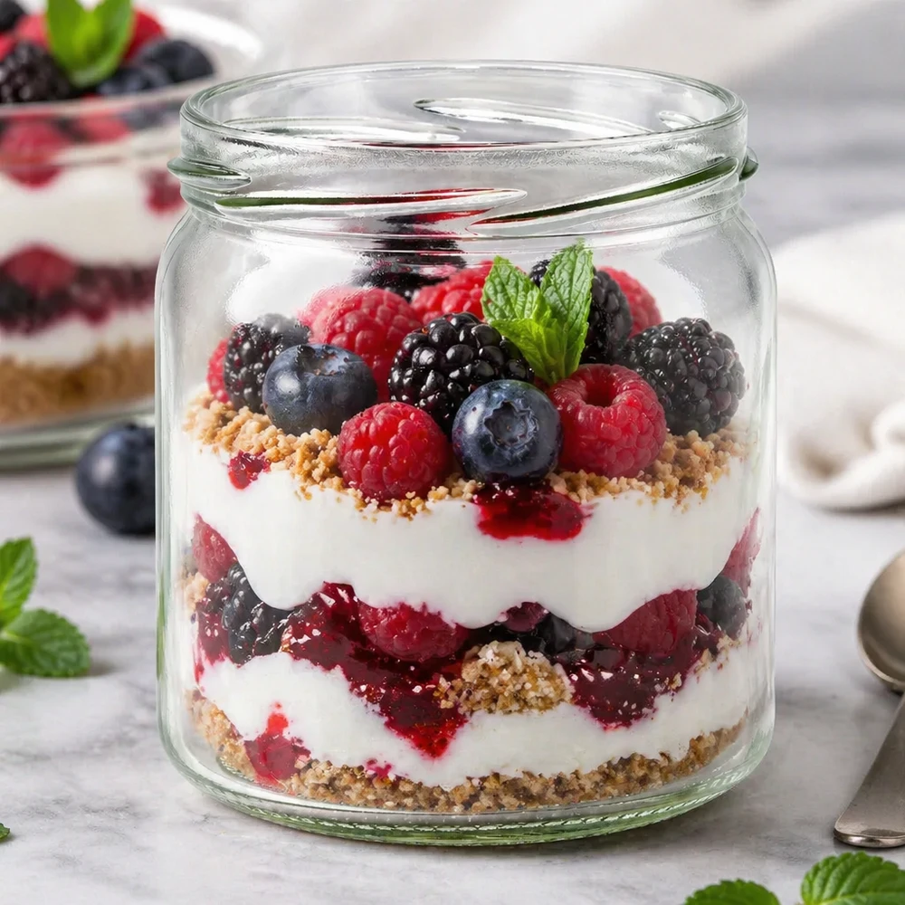 Tarro de cristal redondo de 408ml sin tapa (TO82) UNiTWIST UNiTWIST Runda408 vaso redondo 408ml como vaso de postre con postre en capas de yogur de bayas muestra un uso versátil