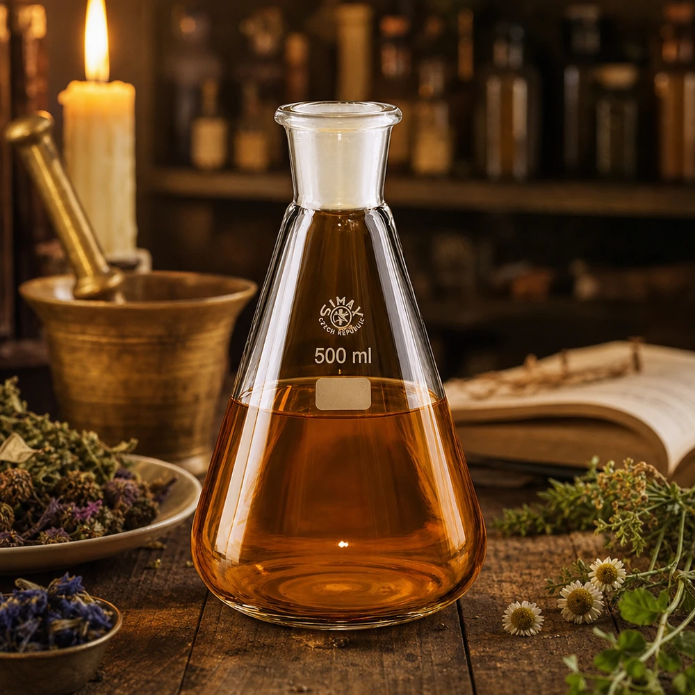 Matraz Erlenmeyer 500ml con junta esmerilada estándar (29/32) Solución de color ámbar en matraz Erlenmeyer transparente de 500 ml con junta esmerilada NS 29/32