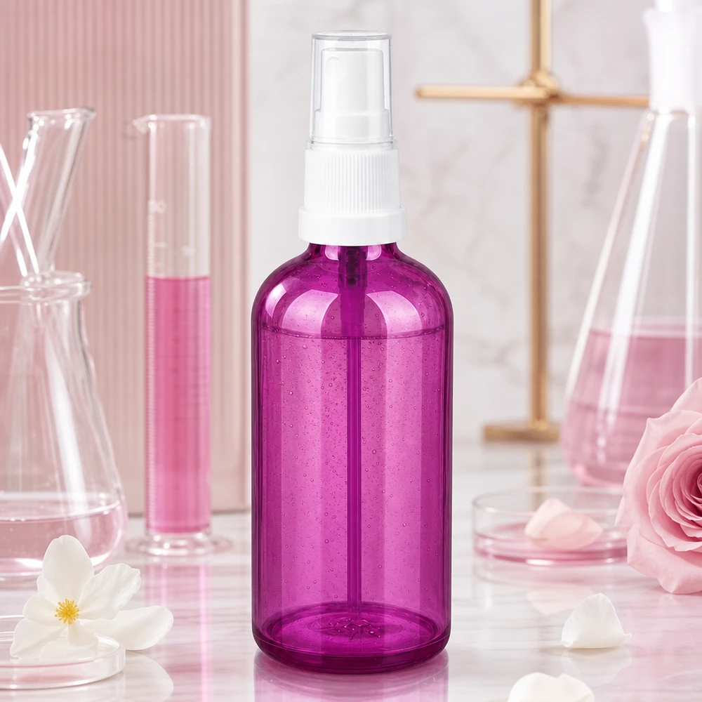 Frasco pulverizador transparente de 100 ml con diseño Purple Line para el cuidado casero de la piel