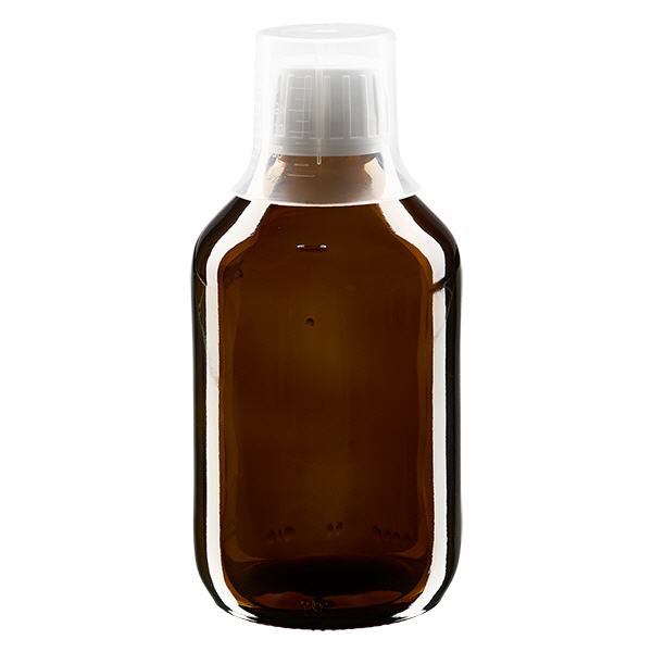 Frasco medicamento 250ml marrón, cierre inviolable con vaso dosificador 30ml ApoGlas Frasco medicamento 250ml marrón, cierre inviolable con vaso dosificador 30ml ApoGlas