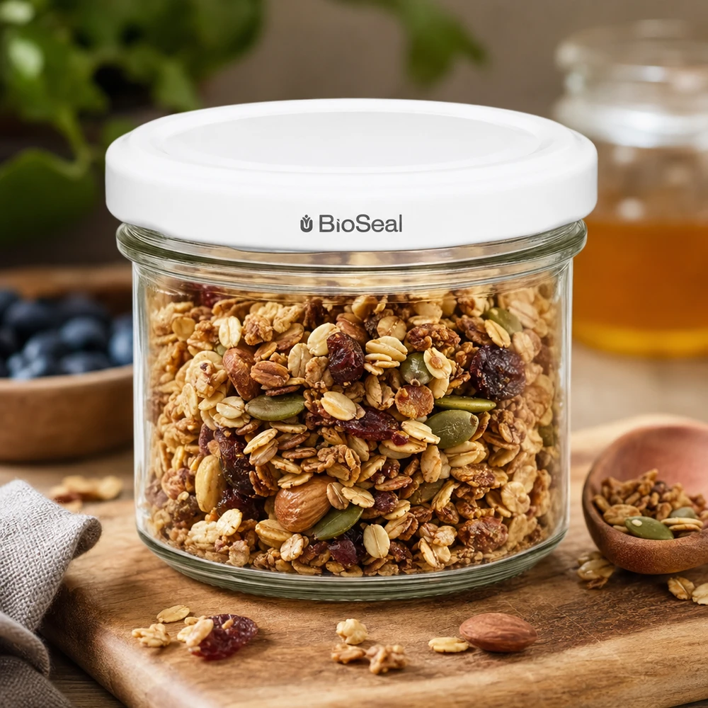 Vasos de 125ml con tapa blanca UNiTWIST BioSeal UNiTWIST vasos 125ml tarro muesli frutos secos tarro TO66 BioSeal tapa tablero de madera blanco cocina