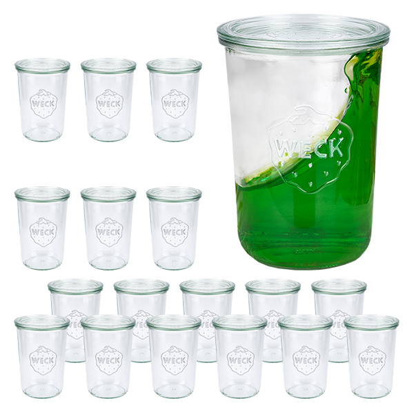 18er Set Weck Gläser 850ml, 3/4L Sturzgläser mit 18 Glasdeck
