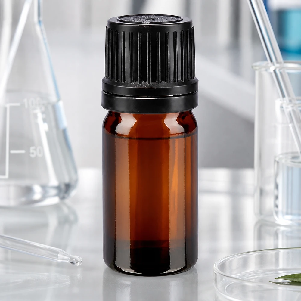 Botella de farmacia marrón 5ml tapón de rosca negro anillo de vertido cierre inviolable Frasco de vidrio ámbar de 5 ml con tapón de rosca negro en un entorno de laboratorio con un matraz de Erlenmeyer