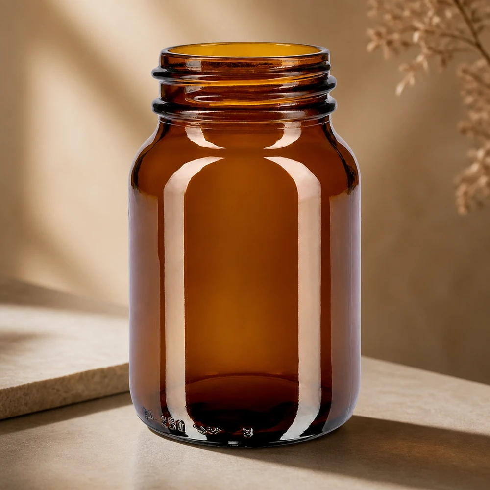 Botella de cuello ancho de 250 ml fabricada en vidrio ámbar de alta calidad para una óptima protección del contenido frente a la luz