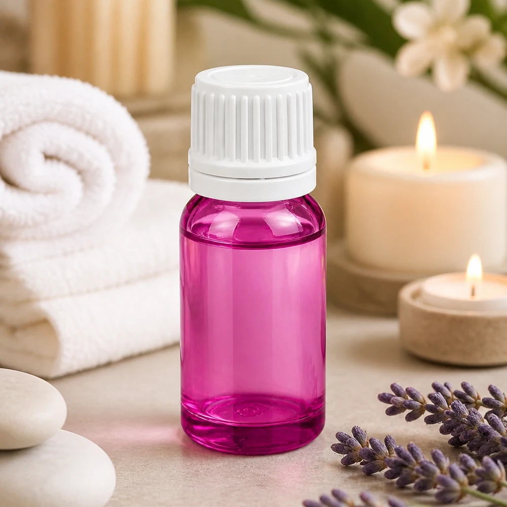 Frasco gotero morado de 10 ml con tapón blanco para aplicaciones de aromaterapia y bienestar