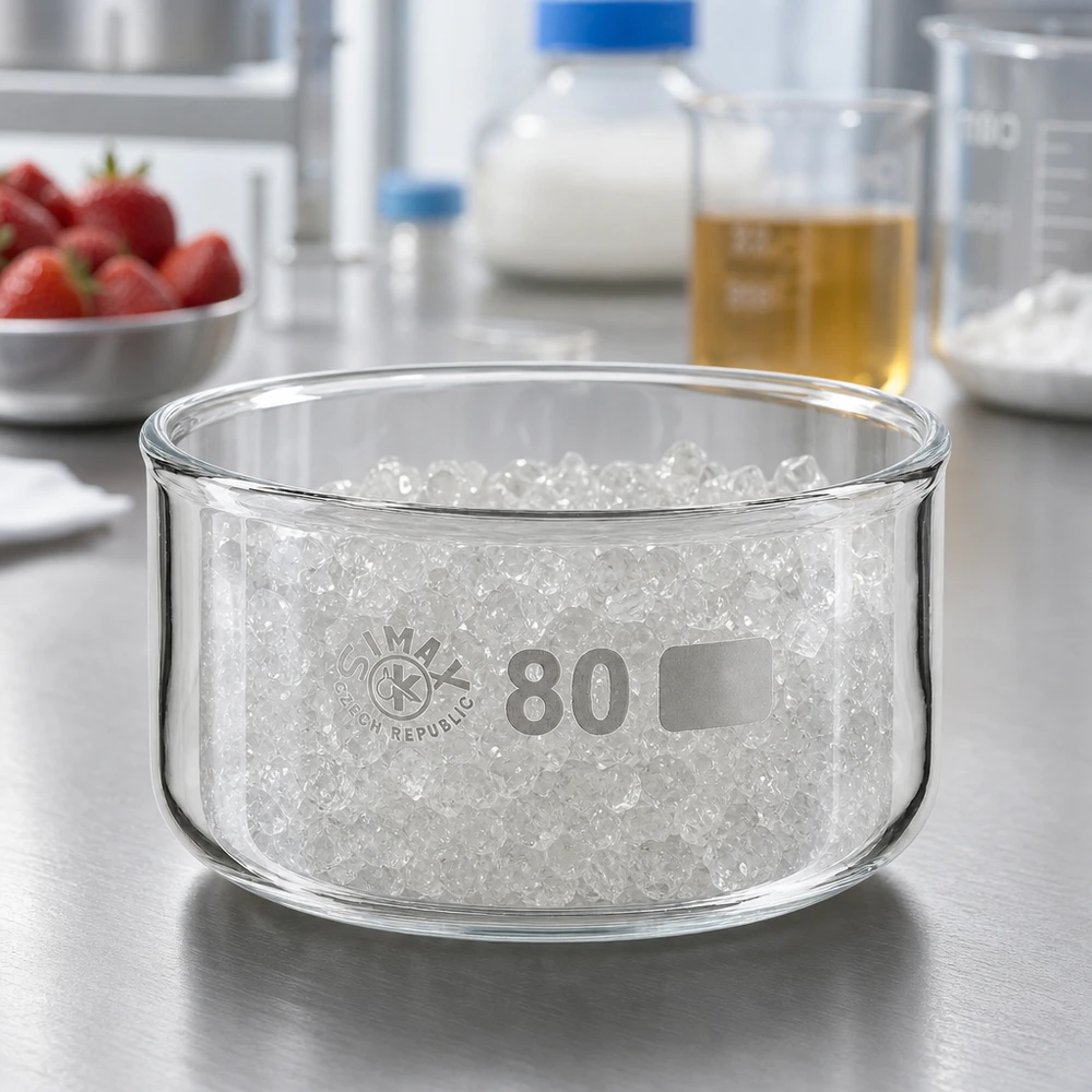 Cristalizador 150ml sin pico borosilicato ø80mm Bandeja de cristalización SIMAX de 150 ml con gránulos blancos sobre una encimera de acero inoxidable en el laboratorio