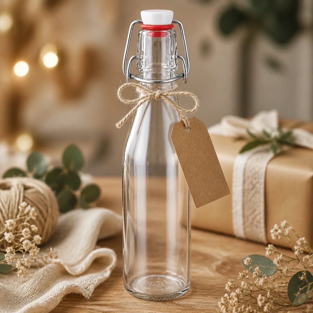 Botella de cristal de 250 ml con tapón oscilante decorada como regalo, etiqueta de papel kraft y cordón de yute, presentación festiva.