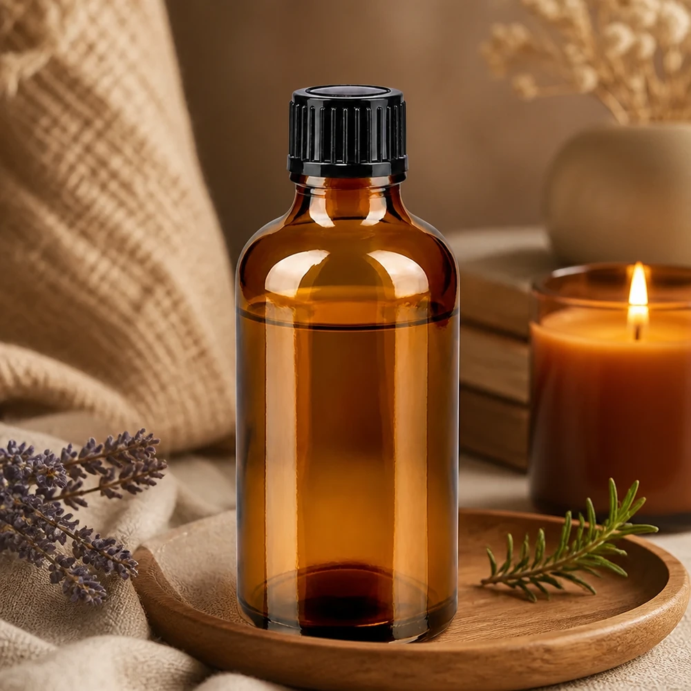 Botella de farmacia marrón 50ml tapón de rosca negro estándar Set de aromaterapia con un frasco de vidrio ámbar de 50 ml con tapón negro, romero y una vela perfumada