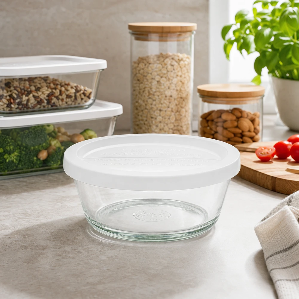 WECK RR120 Tarro Gourmet 300ml vacío en la encimera de la cocina entre otros recipientes de almacenamiento Almacenamiento Lifestyle