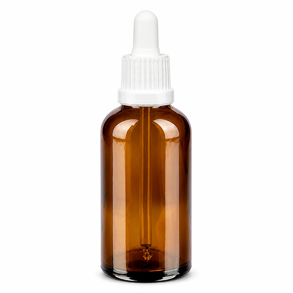 Frasco pipeta de cristal ámbar de 50 ml con tapón blanco para dosificar líquidos con precisión
