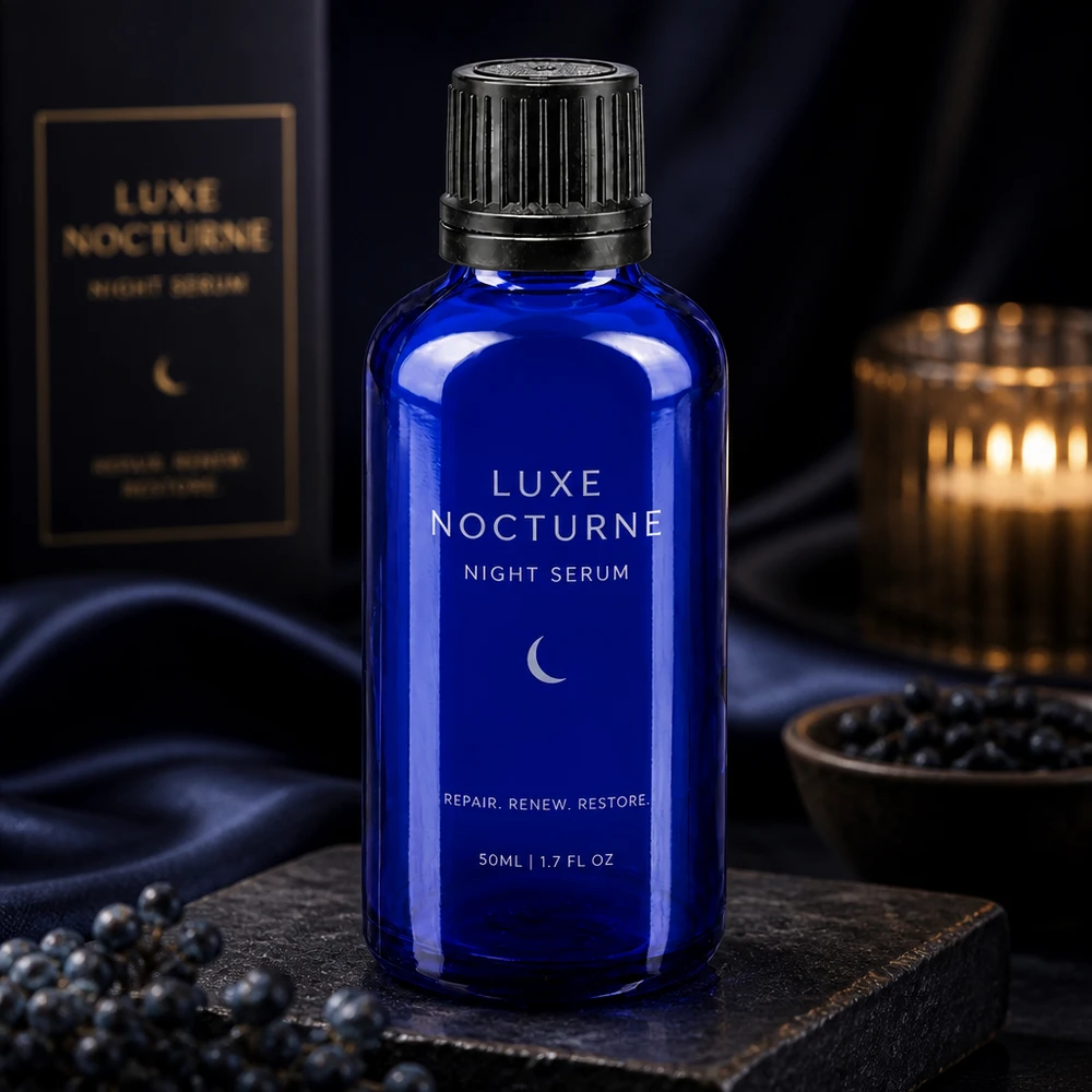Frasco cuentagotas azul de 50 ml, de cristal de farmacia, con tapón estriado negro y tela de seda oscura