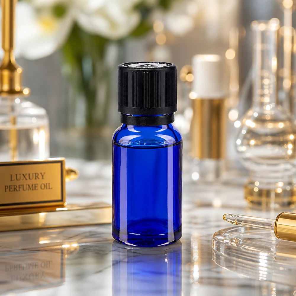 Frasco cuentagotas de 10 ml de color azul cobalto con tapón KiSi, presentado en un lujoso expositor de aceites de perfume sobre mármol