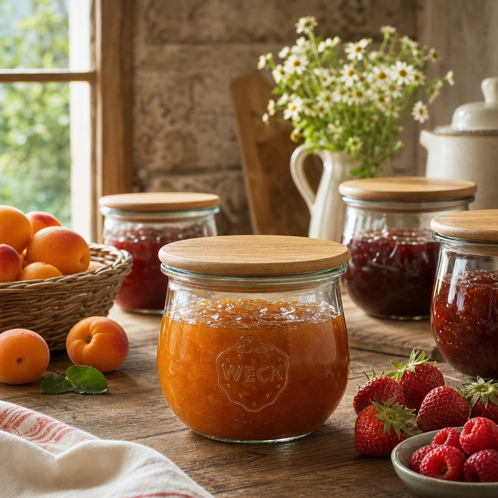 Tarro tulipán WECK 370ml RR80 lleno de mermelada de albaricoque junto a fruta fresca en una cocina rústica