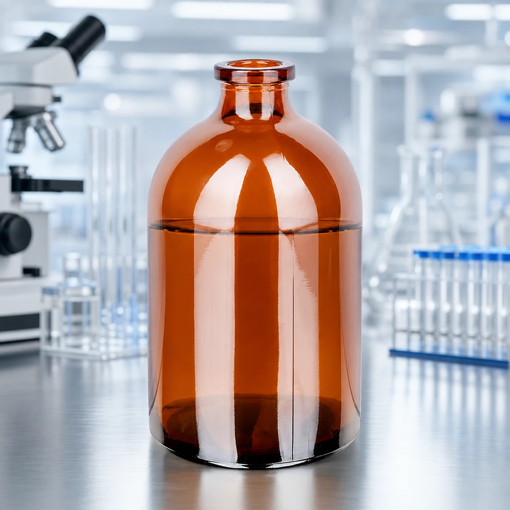 Frasco de inyección de vidrio ámbar 100ml Sterile Braunglas-Injektionsflasche 100ml für Infusionslösungen vor professioneller Laborausstattung