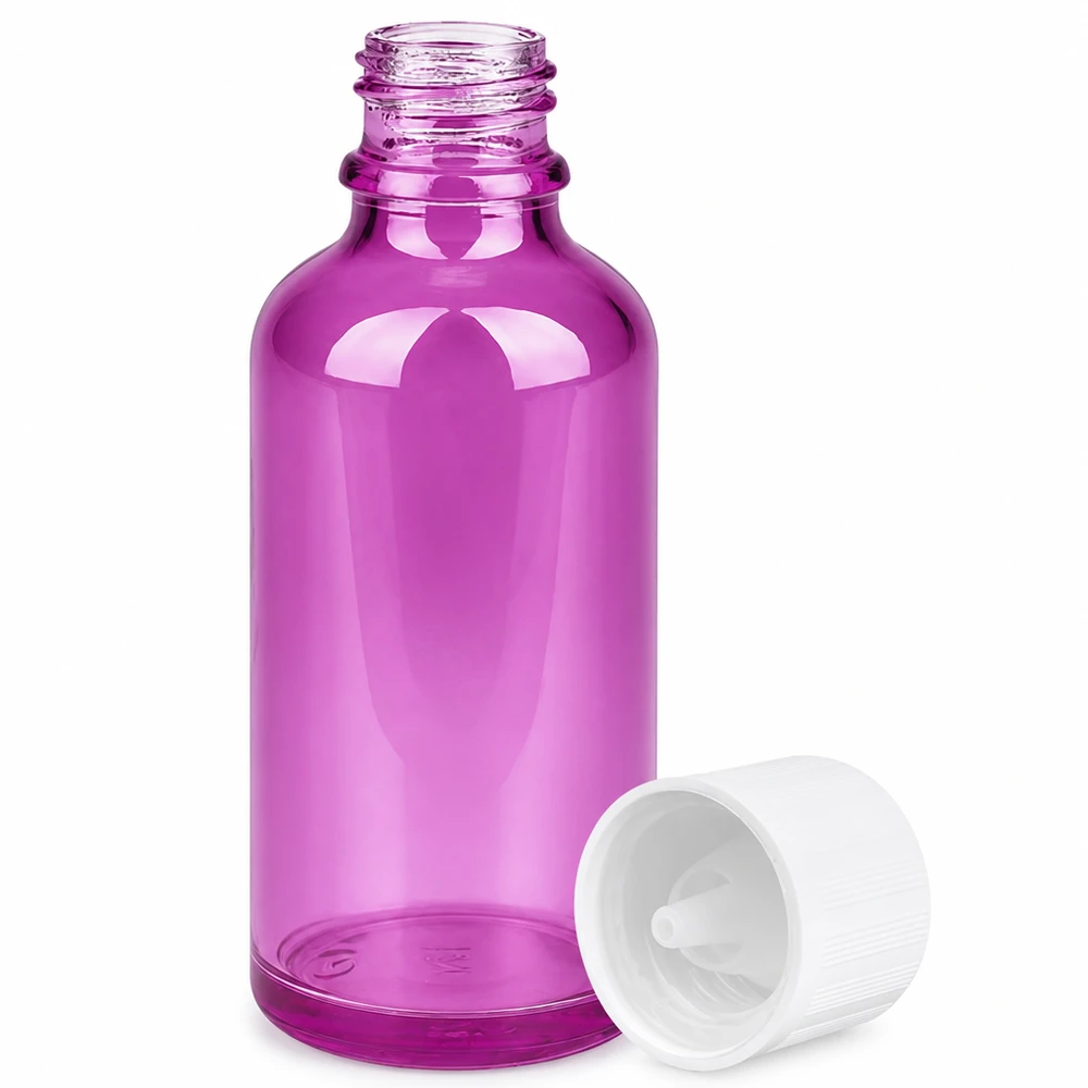 Frasco cuentagotas morado de 50 ml con cierre de seguridad para niños y abertura de dosificación precisa de 1,2 mm para un uso seguro