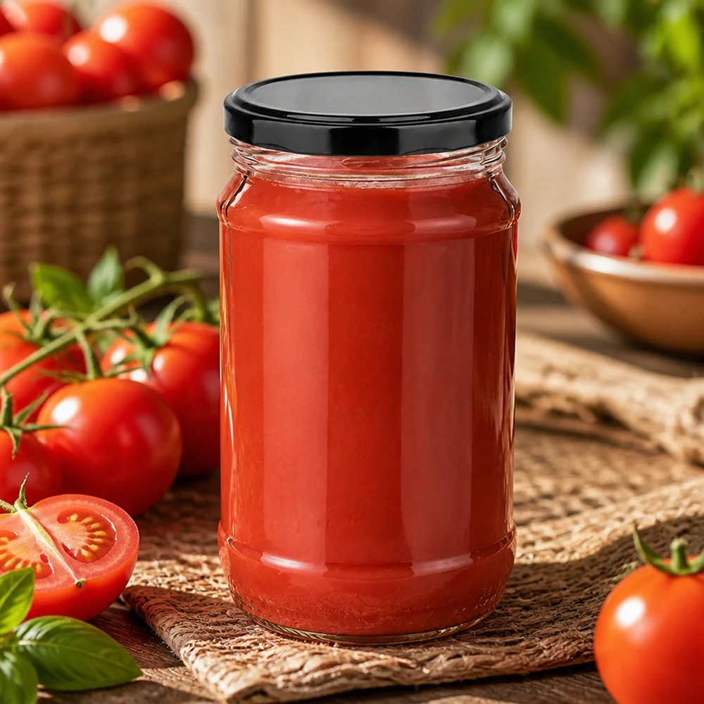 Frasco redondo de cristal UNiTWIST de 370 ml con tapa BasicSeal negra, lleno de salsa de tomate fresca y rodeado de tomates rojos