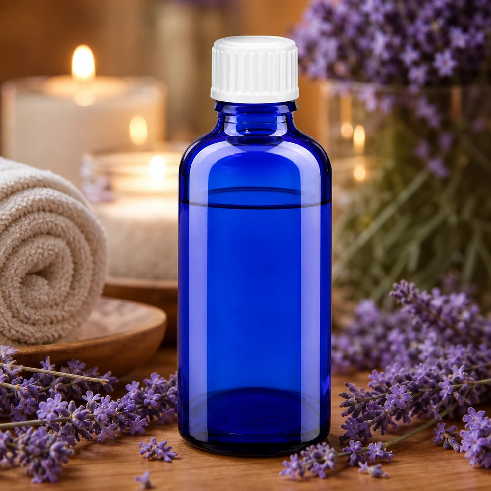Frasco de cristal azul de 50 ml con tapón blanco, rodeado de flores de lavanda y velas en un ambiente de spa