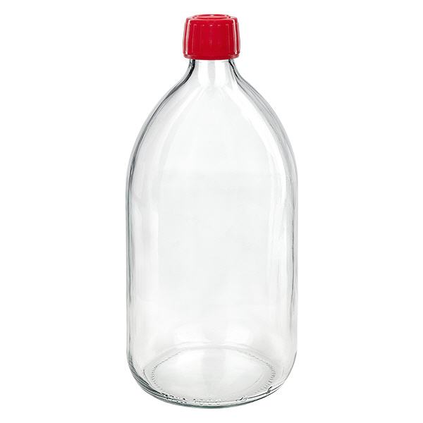 Frasco medicamento 1000ml transparente, tapón rojo con precinto de seguridad ApoGlas Frasco medicamento 1000ml transparente, tapón rojo con precinto de seguridad ApoGlas