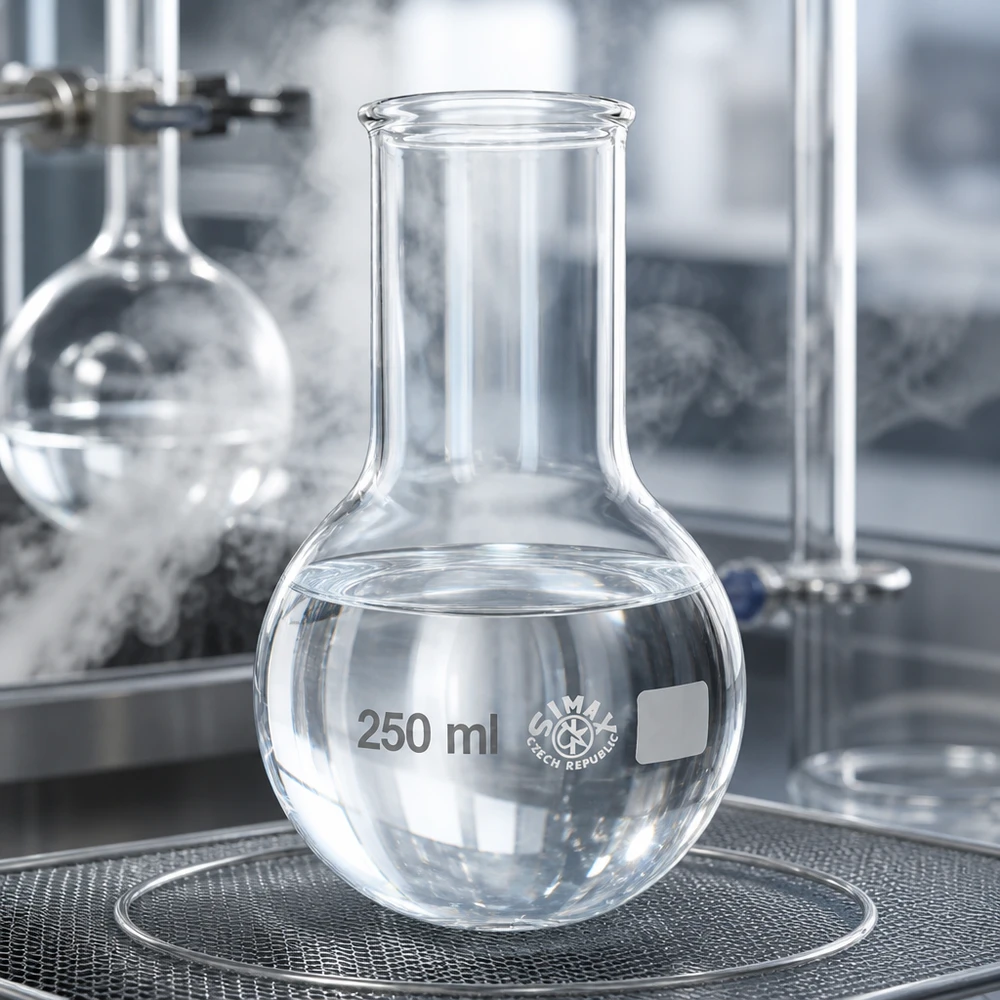 Matraz de fondo redondo transparente de 250 ml y cuello ancho para una visibilidad óptima durante las reacciones químicas