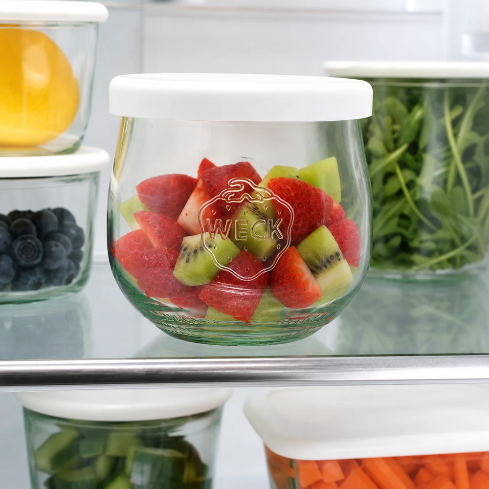 WECK tarro tulipán 370ml con ensalada de frutas en la nevera tapa de silicona blanca tarro de almacenamiento de frescura Meal Prep