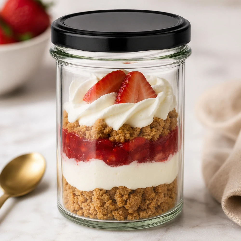 Vasos de 230 ml con tapa negra como vaso de postre para postres en capas con fresas, nata y base de galleta