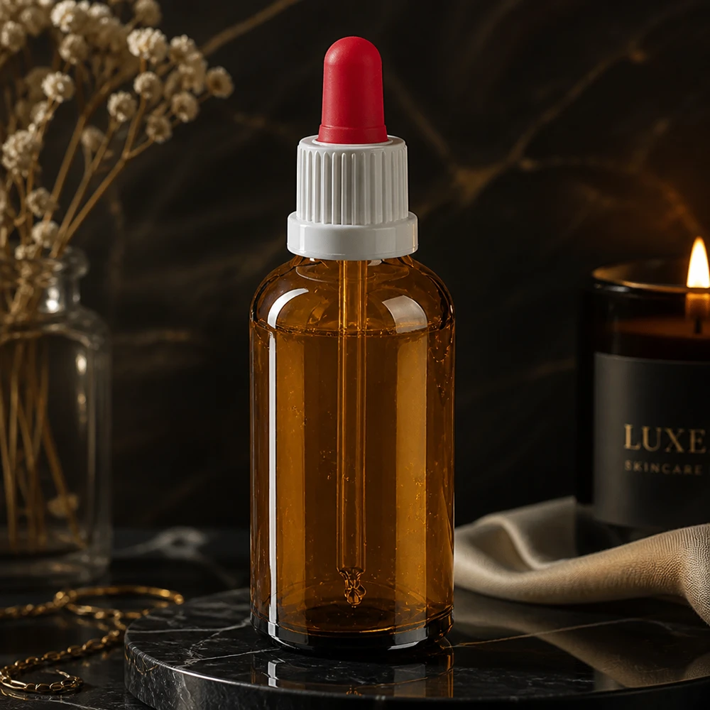Frasco pipeta 50ml blanco/rojo cierre inviolable BrownLine UT18/50 Frasco cuentagotas de 50 ml de alta calidad en elegante vidrio ámbar con pipeta de silicona roja de precisión