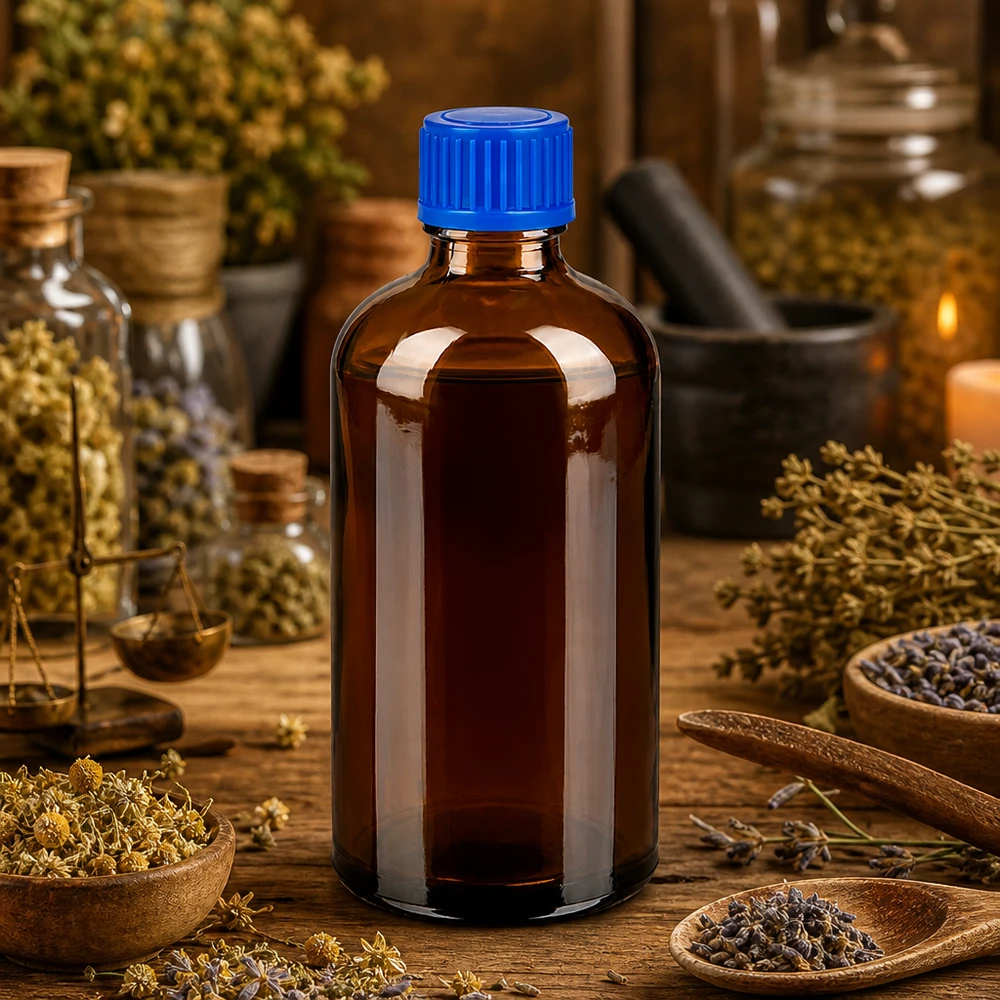 Frasco de farmacia premium de 100 ml de vidrio ámbar con protección UV y tapón azul para principios activos