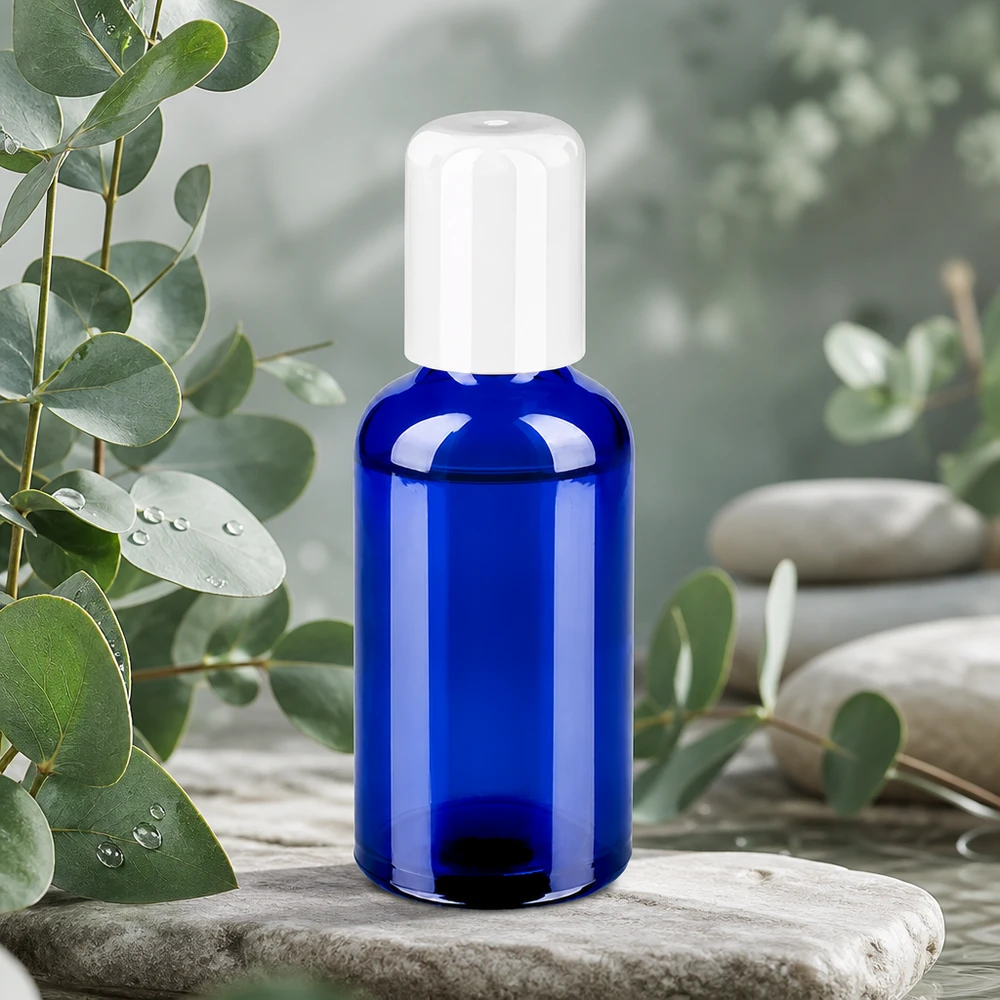 Frasco roll-on 50ml blanco tapón estándar BlueLine UT18/50 Frasco roll-on de 50 ml de vidrio de alta calidad en azul intenso con práctico tapón de bola